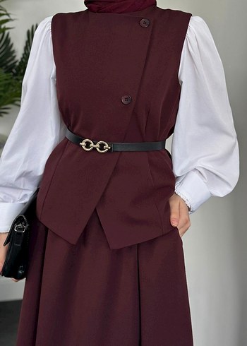 Bordo Kemerli Uzun Kadın Elbise - Görsel 2