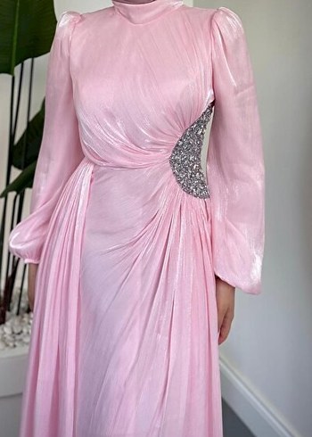 Uzun Kollu Pembe Abiye Elbise - Görsel 2