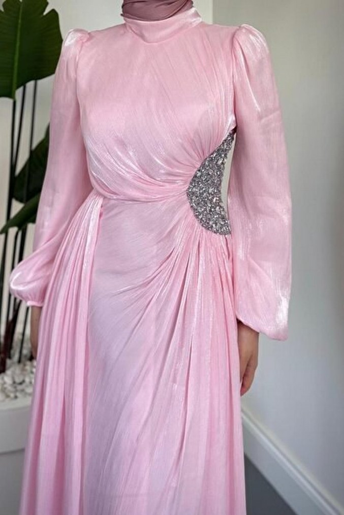 Uzun Kollu Pembe Abiye Elbise - Görsel 2