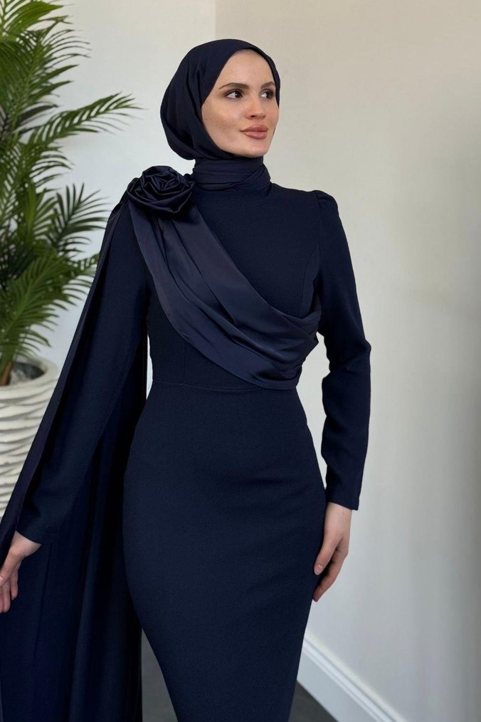 Lacivert Drapeli Uzun Abiye Elbise - Görsel 2