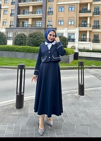 Lacivert Kadın Uzun Elbise Notch Yaka