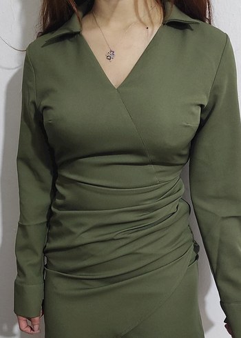 Kadın V Yaka Drapeli Midi Elbise - Görsel 3