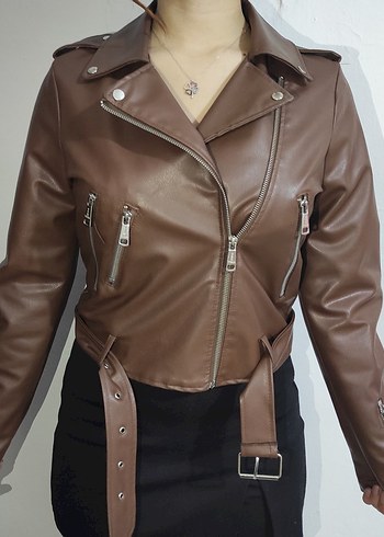 Kahverengi Kadın Deri Biker Ceket - Görsel 4