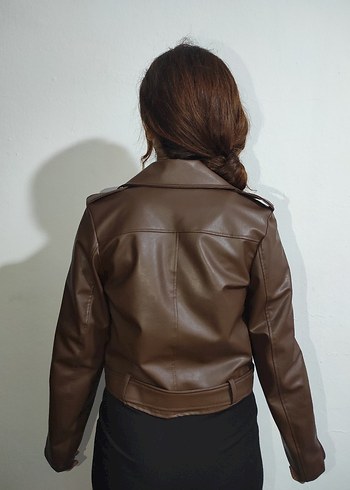 Kahverengi Kadın Deri Biker Ceket - Görsel 3