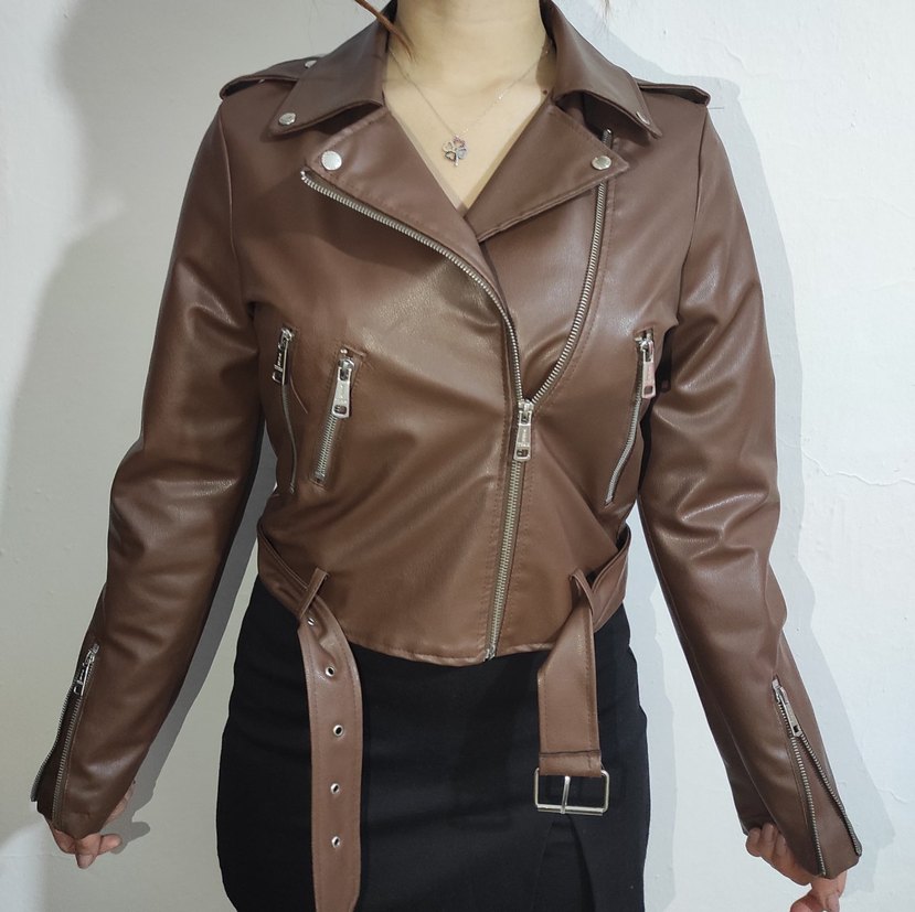 Kahverengi Kadın Deri Biker Ceket - Görsel 4