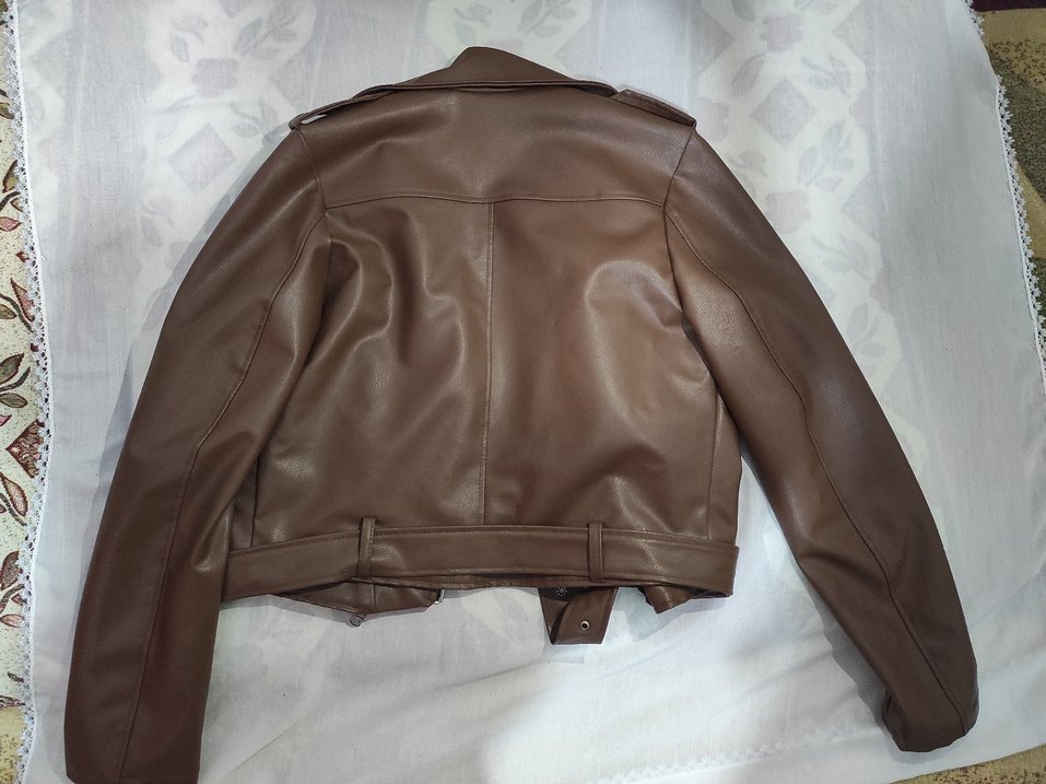 Kahverengi Kadın Deri Biker Ceket - Görsel 2