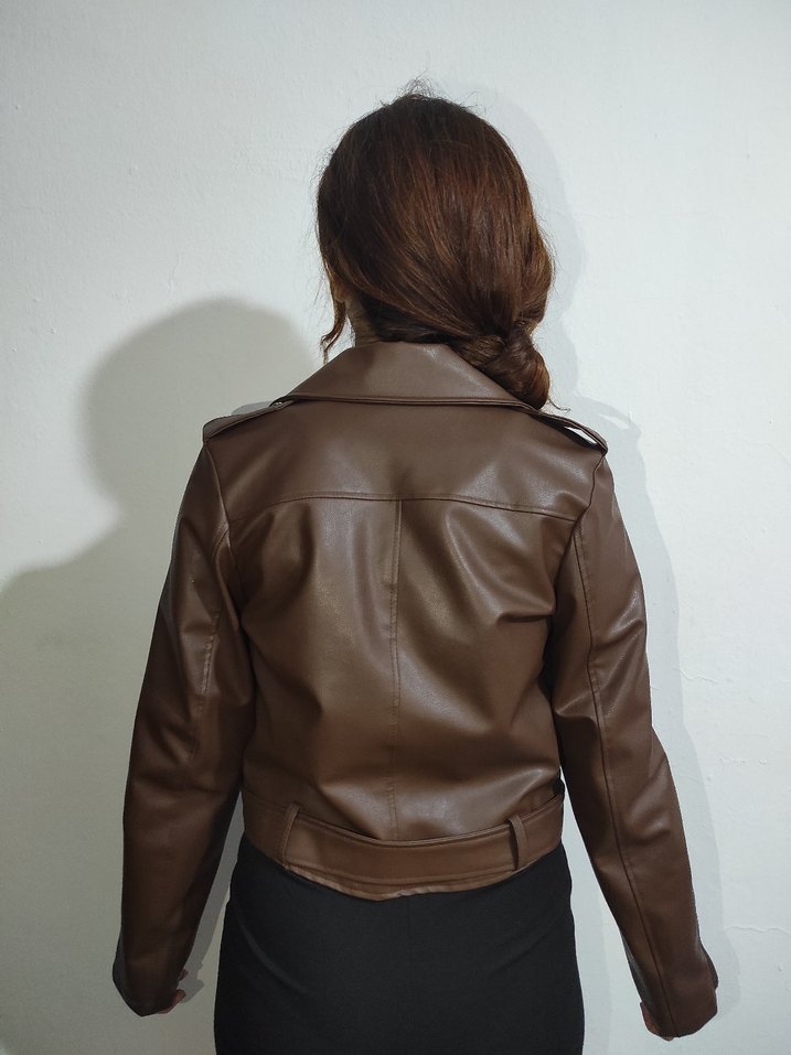 Kahverengi Kadın Deri Biker Ceket - Görsel 3