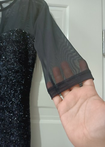 Siyah Uzun Kollu V Yaka Pul Payetli Midi Elbise - Görsel 5