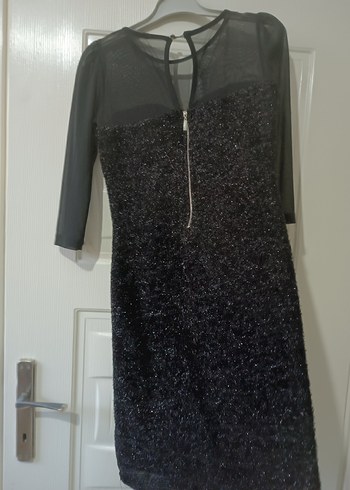 Siyah Uzun Kollu V Yaka Pul Payetli Midi Elbise - Görsel 9