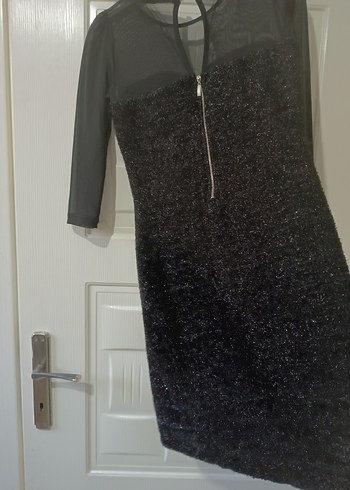 Siyah Uzun Kollu V Yaka Pul Payetli Midi Elbise - Görsel 10