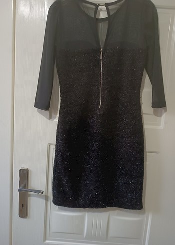 Siyah Uzun Kollu V Yaka Pul Payetli Midi Elbise - Görsel 11