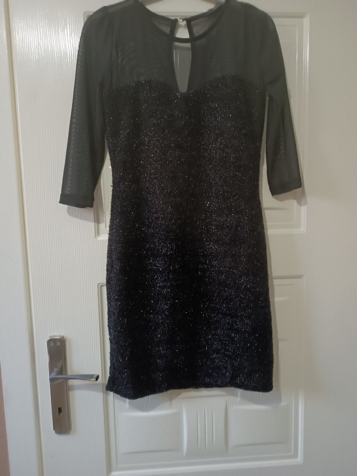 Siyah Uzun Kollu V Yaka Pul Payetli Midi Elbise - Görsel 2