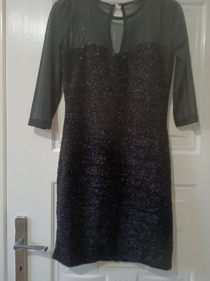 Siyah Uzun Kollu V Yaka Pul Payetli Midi Elbise - Görsel 3