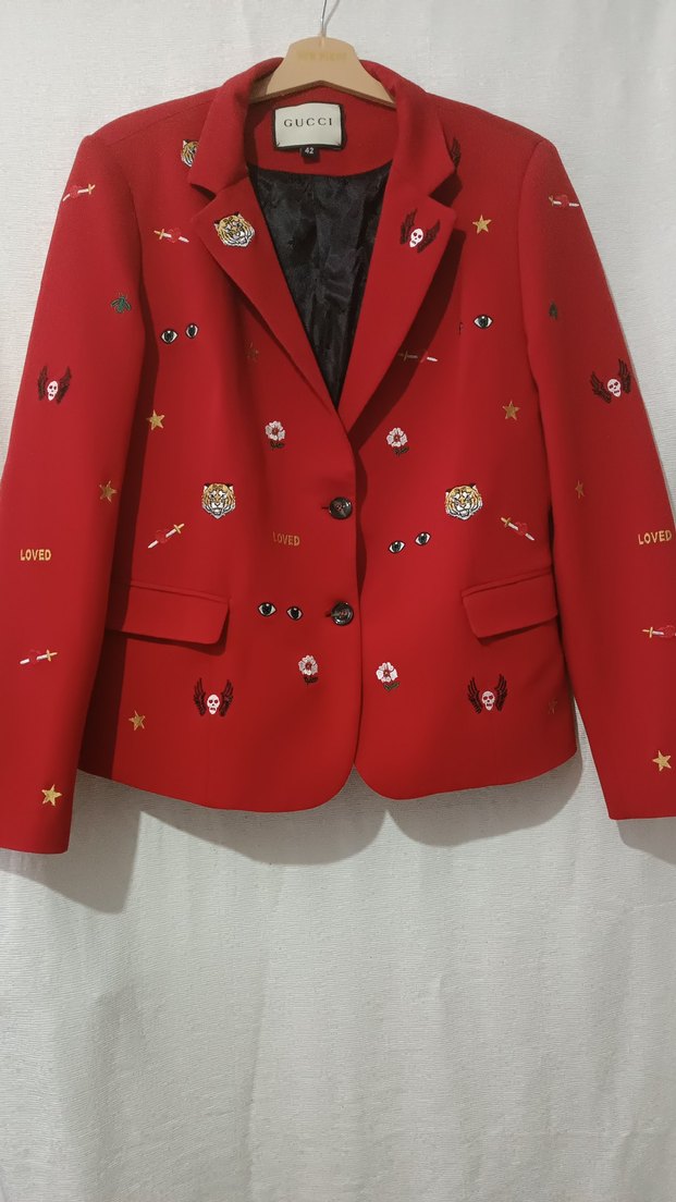 Gucci marka.Nakış İşlemeli Kırmızı Blazer Ceket - Görsel 4