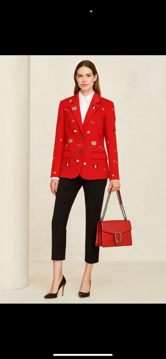 Gucci marka.Nakış İşlemeli Kırmızı Blazer Ceket - Görsel 2