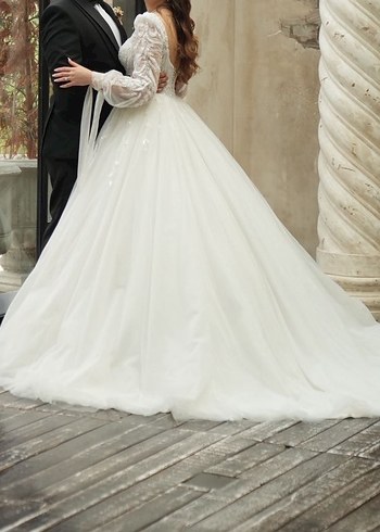 Uzun Kollu Straplez Prenses Gelinlik - Görsel 3