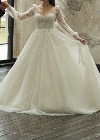 Uzun Kollu Straplez Prenses Gelinlik - Görsel 2