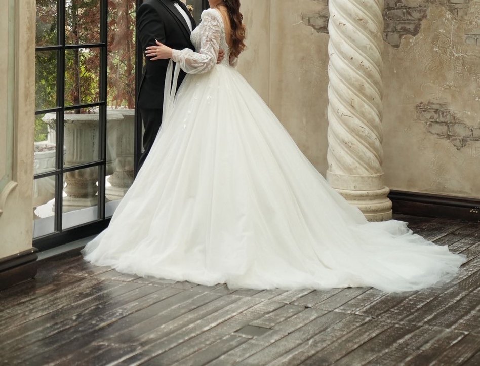 Uzun Kollu Straplez Prenses Gelinlik - Görsel 3