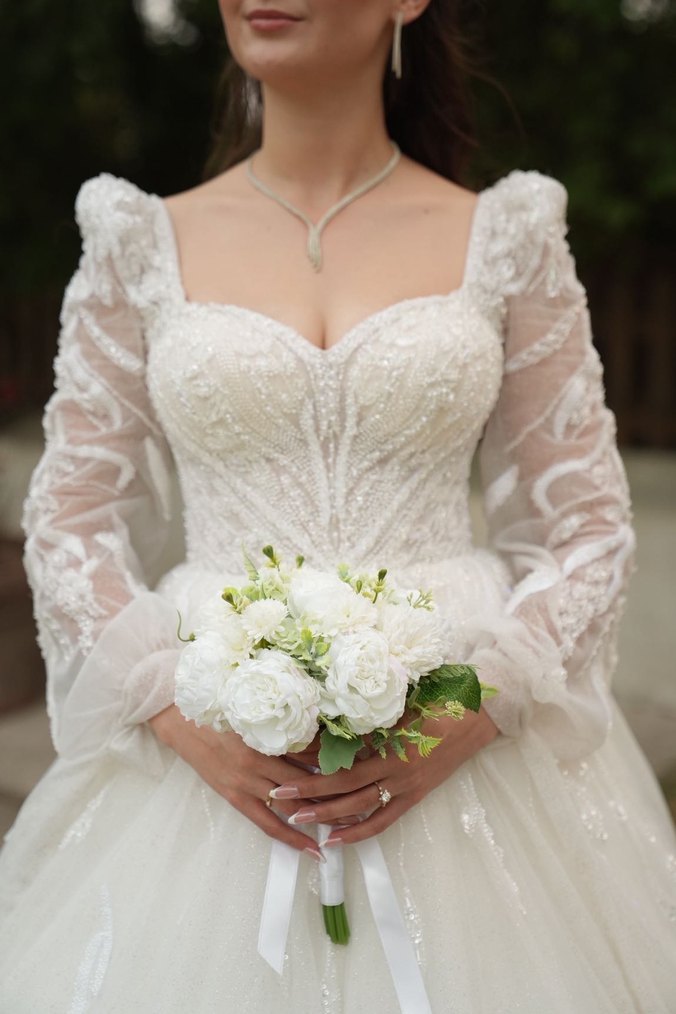 Uzun Kollu Straplez Prenses Gelinlik - Görsel 4