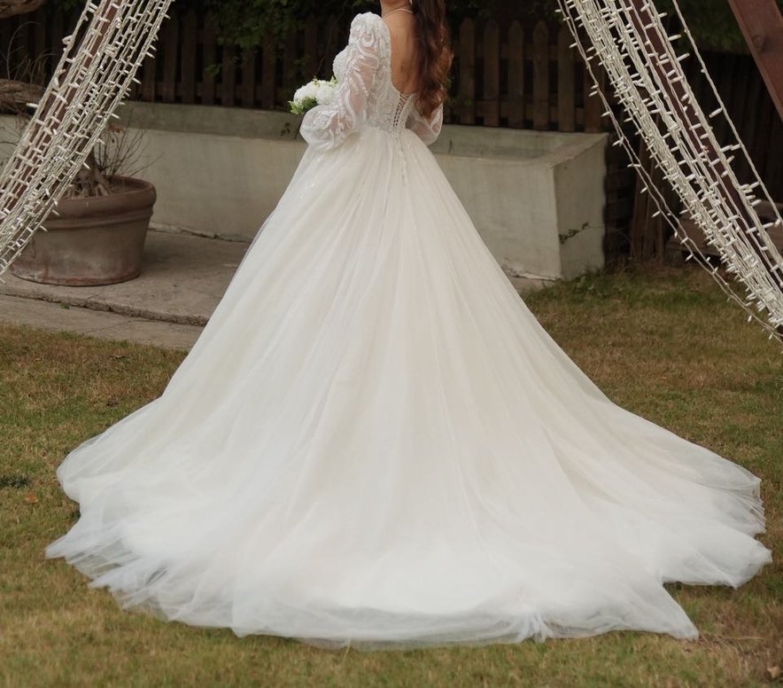 Uzun Kollu Straplez Prenses Gelinlik - Görsel 5