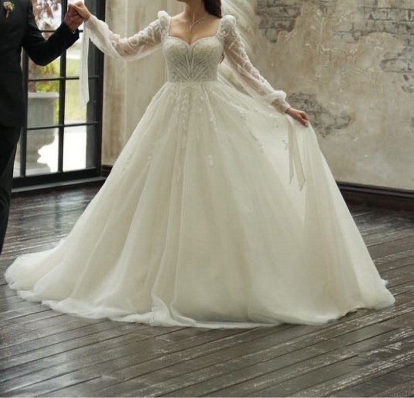 Uzun Kollu Straplez Prenses Gelinlik - Görsel 2