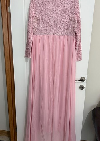 Dantel Detaylı Pembe Uzun Abiye Elbise - Görsel 3