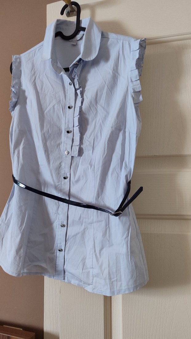 Kuşaklı, Kolsuz Beyaz Kadın Gömlek - Görsel 2