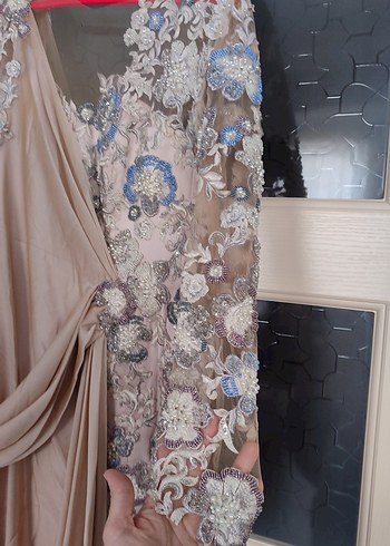 Bej Nakışlı Uzun Kollu V Yaka Kadın Elbise - Görsel 6