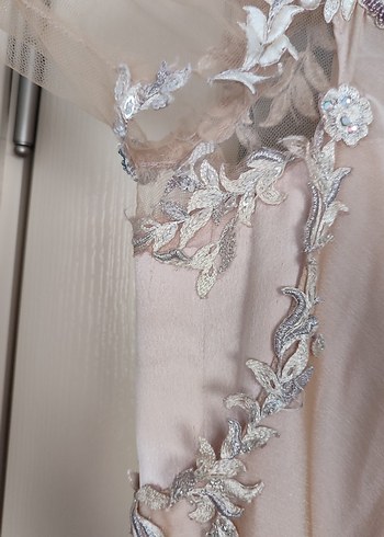 Bej Nakışlı Uzun Kollu V Yaka Kadın Elbise - Görsel 9