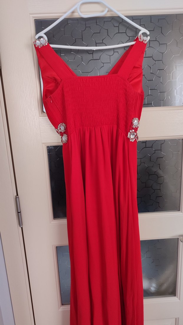 Kırmızı İşlemeli V Yaka Uzun Abiye Elbise - Görsel 3