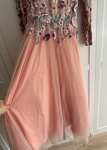 Tesettür Nakışlı Pembe Vintage Uzun Kollu Elbise - Görsel 2