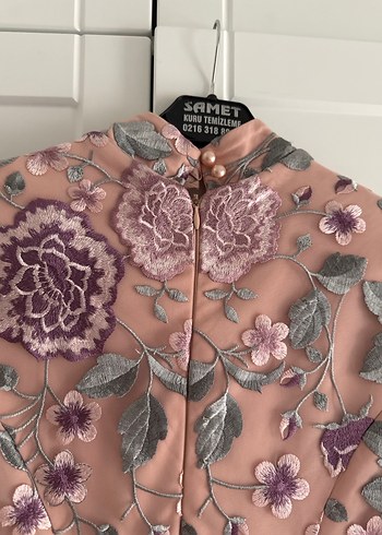 Tesettür Nakışlı Pembe Vintage Uzun Kollu Elbise - Görsel 6