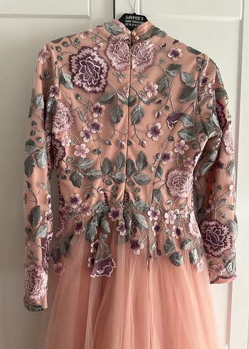 Tesettür Nakışlı Pembe Vintage Uzun Kollu Elbise - Görsel 5