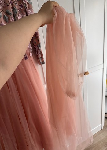 Tesettür Nakışlı Pembe Vintage Uzun Kollu Elbise - Görsel 4