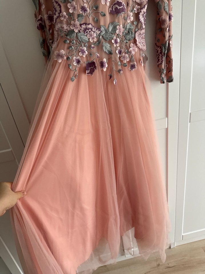 Tesettür Nakışlı Pembe Vintage Uzun Kollu Elbise - Görsel 2