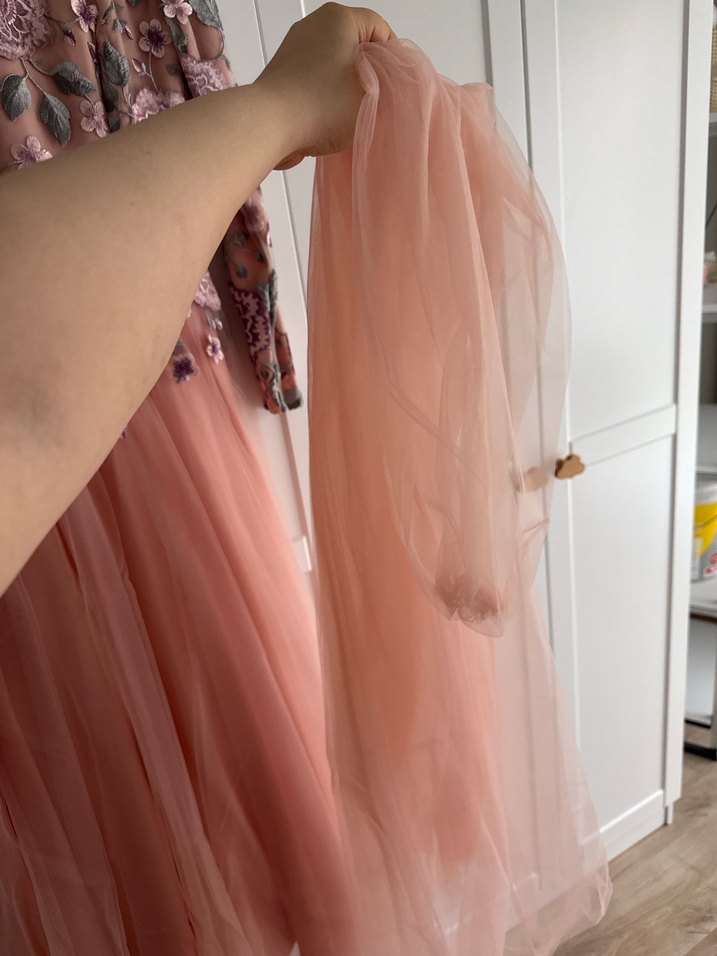 Tesettür Nakışlı Pembe Vintage Uzun Kollu Elbise - Görsel 4