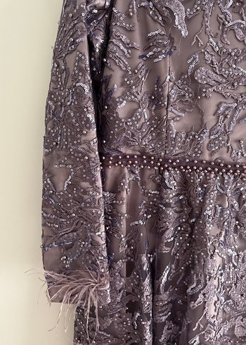 Mor Dantel İşlemeli Uzun Abiye Elbise - Görsel 3