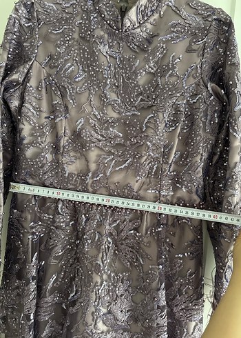 Mor Dantel İşlemeli Uzun Abiye Elbise - Görsel 7