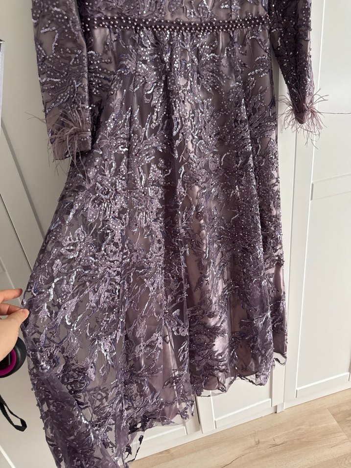 Mor Dantel İşlemeli Uzun Abiye Elbise - Görsel 4