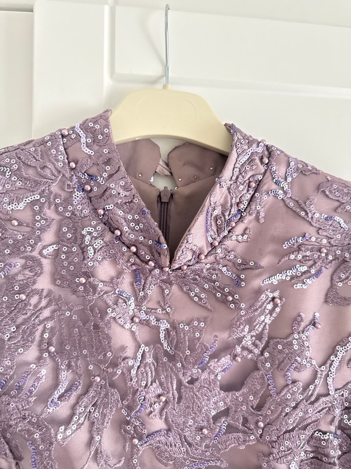 Mor Dantel İşlemeli Uzun Abiye Elbise - Görsel 5