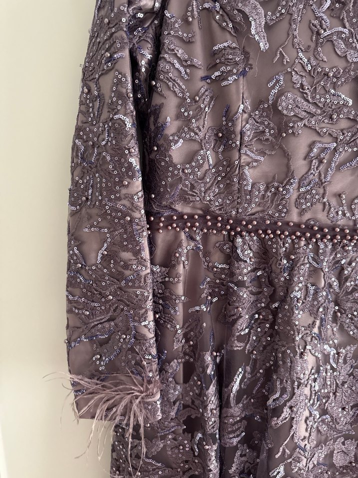 Mor Dantel İşlemeli Uzun Abiye Elbise - Görsel 3