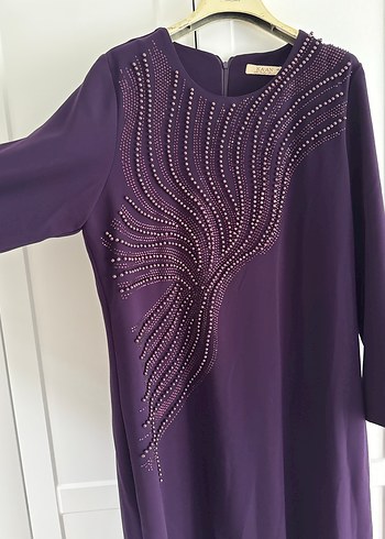 Mor Uzun Kollu Nakışlı Kadın Elbise - Görsel 4