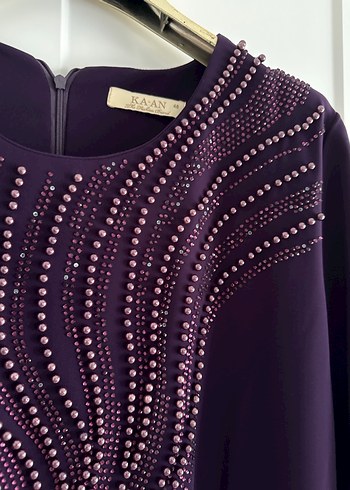 Mor Uzun Kollu Nakışlı Kadın Elbise - Görsel 3