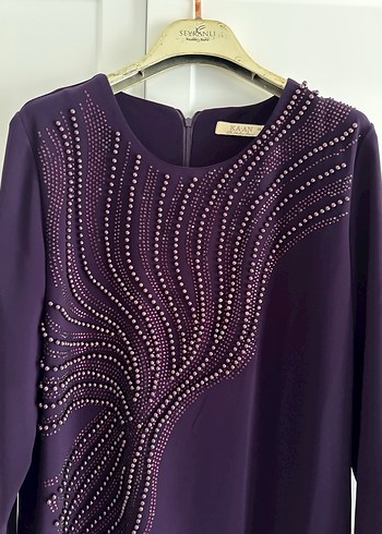 Mor Uzun Kollu Nakışlı Kadın Elbise - Görsel 2