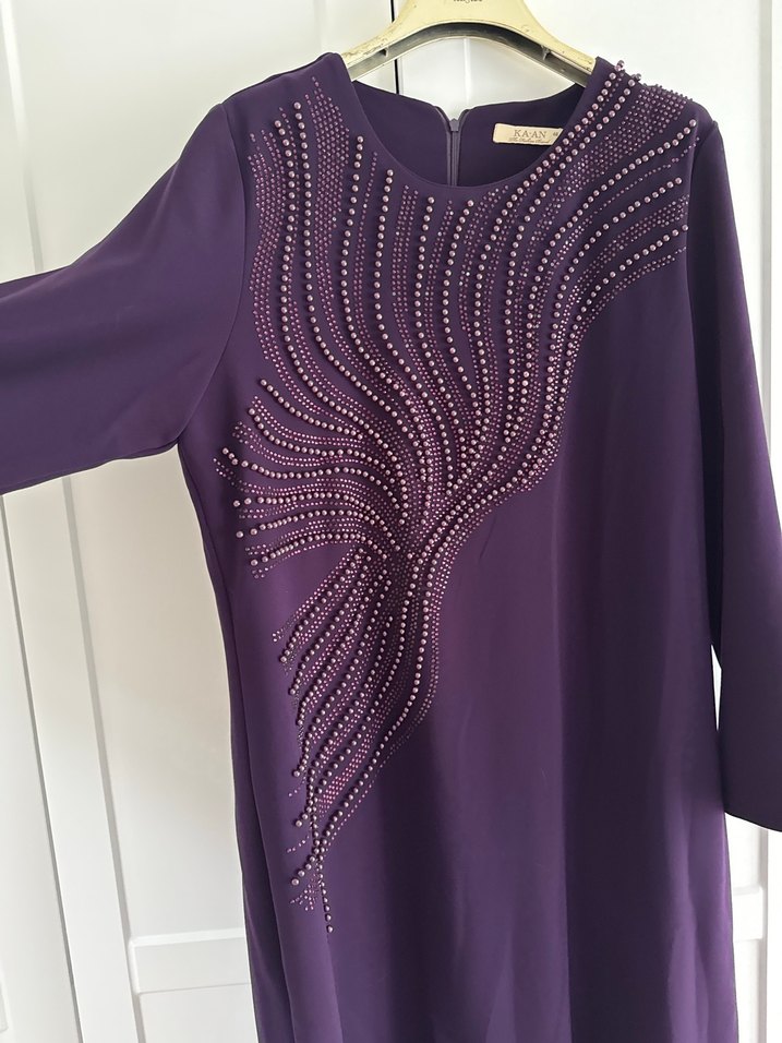 Mor Uzun Kollu Nakışlı Kadın Elbise - Görsel 4