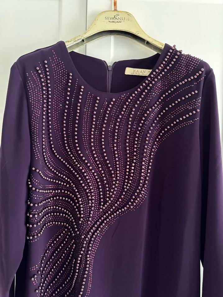 Mor Uzun Kollu Nakışlı Kadın Elbise - Görsel 2