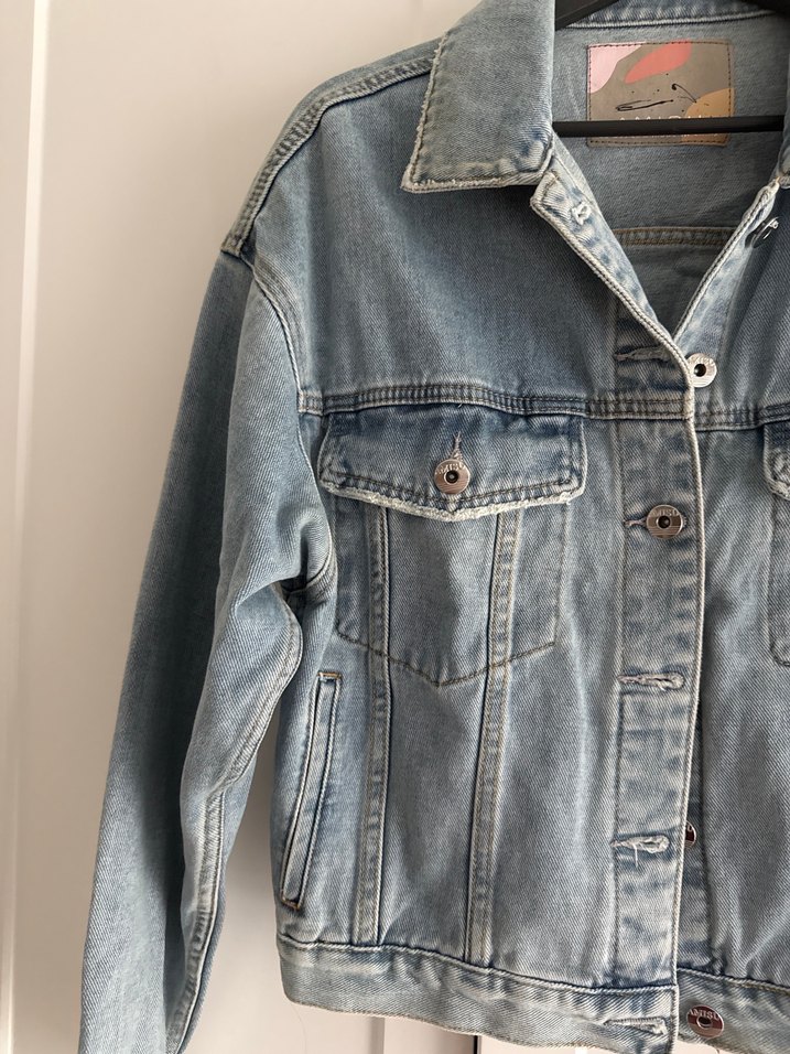 Düğmeli Gri Kadın Denim Ceket - Görsel 3