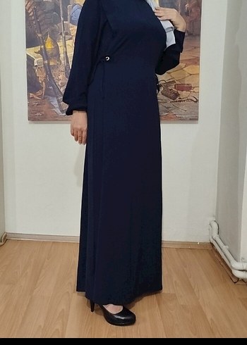 Lacivert Uzun Yüksek Yakalı Salaş Kadın Elbise - Görsel 2