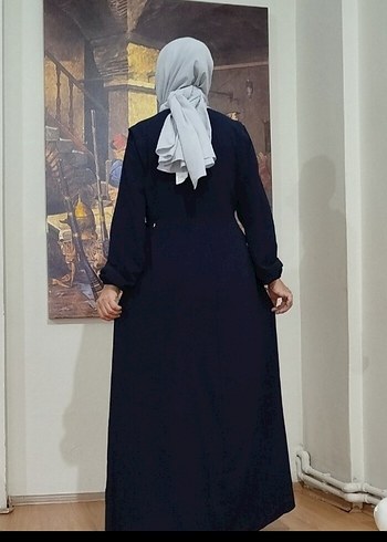 Lacivert Uzun Yüksek Yakalı Salaş Kadın Elbise - Görsel 3