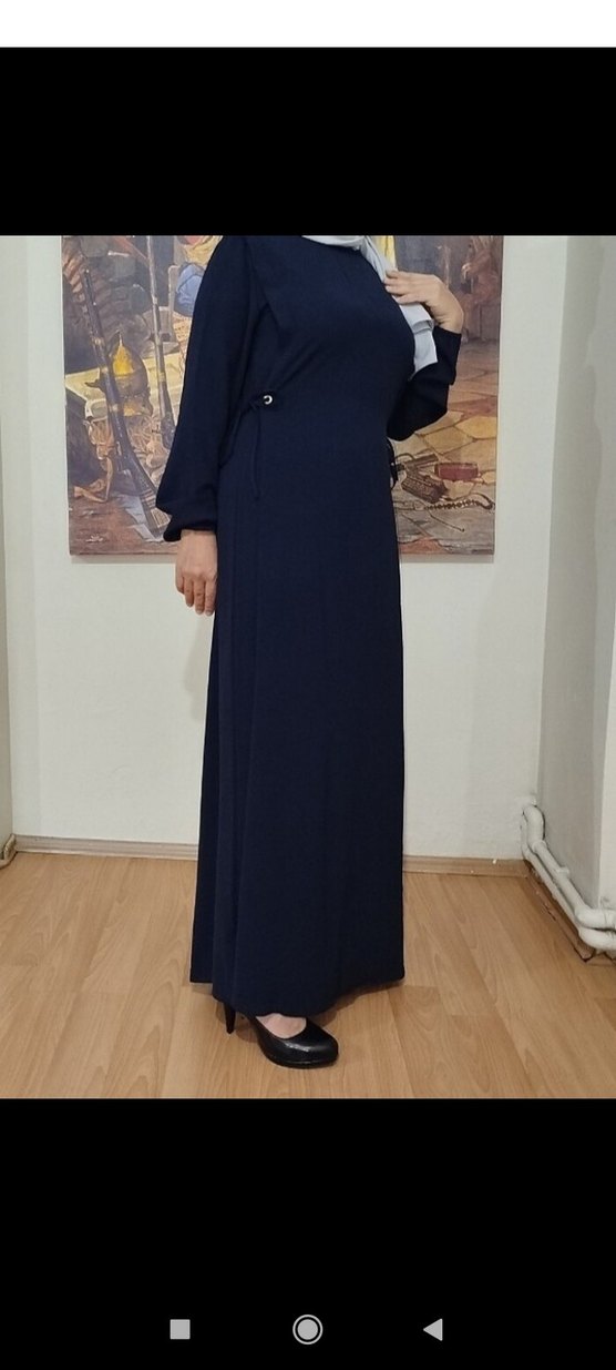 Lacivert Uzun Yüksek Yakalı Salaş Kadın Elbise - Görsel 2